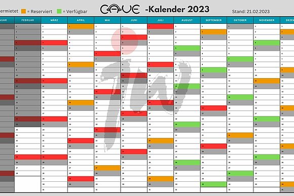 Der Kalender über alle Reservierungen im CAVE mit farbigen Feldern